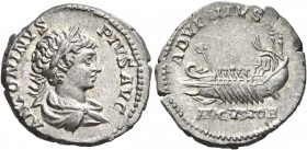 Caracalla, 198-217. Denarius (Silver, 19 mm, 3.12 g, 12 h), Rome, 202. ANTONINVS PIVS AVG Laureate and draped bust of Caracalla to right, seen from be...