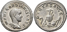 Gordian III, as Caesar, 238. Denarius (Silver, 20 mm, 2.85 g, 6 h), Rome, circa April-June 238. M ANT GORDIANVS CAES Bare-headed and draped bust of Go...