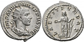 Philip I, 244-249. Antoninianus (Silver, 22 mm, 4.63 g, 7 h), Rome, 244-245. IMP M IVL PHILIPPVS AVG Radiate, draped and cuirassed bust of Philip I to...
