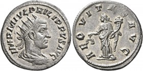 Philip I, 244-249. Antoninianus (Silver, 24 mm, 3.96 g, 5 h), Antioch, 247. IMP M IVL PHILIPPVS AVG Radiate, draped and cuirassed bust of Philip I to ...