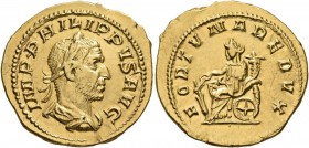 Philip I, 244-249. Aureus (Gold, 21 mm, 4.62 g, 12 h), Rome, 247-249. IMP PHILIPPVS AVG Laureate, draped and cuirassed bust of Philip I to right, seen...