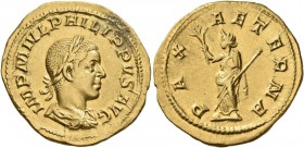 Philip II, 247-249. Aureus (Gold, 20 mm, 4.57 g, 12 h), Rome. IMP M IVL PHILIPPVS AVG Laureate, draped and cuirassed bust of Philip II to right, seen ...