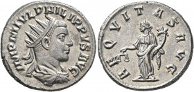 Philip II, 247-249. Antoninianus (Silver, 21 mm, 4.71 g, 6 h), Antioch, 247. IMP M IVL PHILIPPVS AVG Radiate, draped and cuirassed bust of Philip II t...