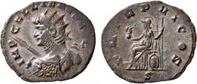 Gallienus, 253-268. Antoninianus (Silvered bronze, 22 mm, 2.63 g, 12 h), Mediolanum, 264-265. IMP GALLIENVS AVG Radiate bust of Gallienus to left, hol...