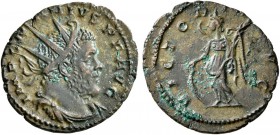 Marius, Romano-Gallic usurper, 269. Antoninianus (Bronze, 21 mm, 2.60 g, 12 h), Treveri. IMP C MARIVS P F AVG Radiate, draped and cuirassed bust of Ma...