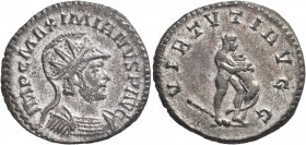 Maximianus, first reign, 286-305. Antoninianus (Silvered bronze, 22 mm, 3.52 g, 8 h), Lugdunum, 287-289. IMP C MAXIMIANVS P AVG Radiate, helmeted and ...