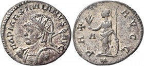 Maximianus, first reign, 286-305. Antoninianus (Silvered bronze, 22 mm, 3.45 g, 6 h), Lugdunum, early 293. IMP MAXIMIANVS AVG Radiate, helmeted and cu...