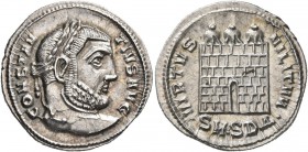 Constantius I, 305-306. Argenteus (Silver, 20 mm, 3.34 g, 1 h), Serdica. CONSTANTIVS AVG Laureate head of Constantius I to right. Rev. VIRTVS MILITVM ...