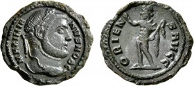 Galerius, as Caesar, 293-305. Quinarius (Bronze, 15 mm, 1.29 g, 6 h), Siscia. MAXIMIANVS NOB C Laureate head of Galerius to right. Rev. ORIENS AVGG So...
