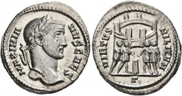 Galerius, 305-311. Argenteus (Silver, 19 mm, 3.19 g, 12 h), Rome, 295-297. MAXIMIANVS CAES Laureate head of Galerius to right. Rev. VIRTVS MILITVM / Γ...