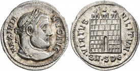 Galerius, 305-311. Argenteus (Silver, 19 mm, 3.21 g, 12 h), Serdica, 305-306. MAXIMIANVS AVG Laureate head of Galerius to right. Rev. VIRTVS MILITVM /...