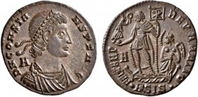 Constans, 337-350. Follis (Silvered bronze, 24 mm, 5.34 g, 12 h), Siscia, 350. D N CONSTA-NS P F AVG Pearl-diademed, draped and cuirassed bust of Cons...