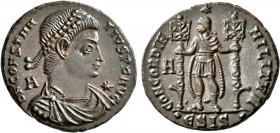 Constantius II, 337-361. Follis (Bronze, 25 mm, 6.58 g, 6 h), Siscia, 350. D N CONSTAN-TIVS P F AVG Pearl-diademed, draped and cuirassed bust of Const...