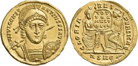 Constantius II, 337-361. Solidus (Gold, 22 mm, 4.36 g, 12 h), Rome, 355-357. FL IVL CONST-ANTIVS P F AVG Pearl-diademed, helmeted and cuirassed bust o...