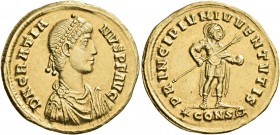 Gratian, 367-383. Solidus (Gold, 22 mm, 4.33 g, 7 h), Constantinopolis, 367-375. D N GRATIANVS P F AVG Pearl-diademed, draped and cuirassed bust of Gr...