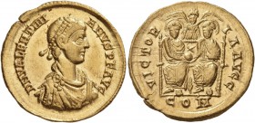Valentinian II, 375-392. Solidus (Gold, 20 mm, 4.47 g, 6 h), uncertain mint in northern Italy (Mediolanum?), 380-382. D N VALENTINI-ANVS P F AVG Pearl...