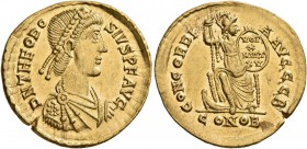 Theodosius I, 379-395. Solidus (Gold, 19 mm, 4.38 g, 1 h), a contemporary imitation, after 388. D N THEODO-SIVS P F AVG Pearl-diademed, draped and cui...