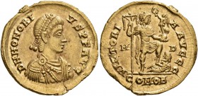 Honorius, 393-423. Solidus (Gold, 19 mm, 4.35 g, 12 h), Mediolanum, 395-423. D N HONORI-VS P F AVG Pearl-diademed, draped and cuirassed bust of Honori...