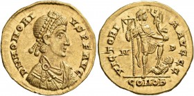 Honorius, 393-423. Solidus (Gold, 20 mm, 3.92 g, 6 h), Mediolanum, 395-423. D N HONORI-VS P F AVG Pearl-diademed, draped and cuirassed bust of Honoriu...