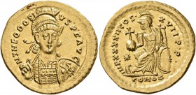 Theodosius II, 402-450. Solidus (Gold, 21 mm, 4.48 g, 7 h), Constantinopolis, 443-450. D N THEODOSI-VS•P•F•AVG Helmeted and cuirassed bust of Theodosi...