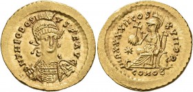 Theodosius II, 402-450. Solidus (Gold, 21 mm, 4.48 g, 6 h), Constantinopolis, 443-450. D N THEODOSI-VS•P•F•AVG Helmeted and cuirassed bust of Theodosi...