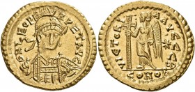 Leo I, 457-474. Solidus (Gold, 21 mm, 4.52 g, 5 h), Constantinopolis, circa 462 or 466. D N LEO PE-RPET AVG Pearl-diademed, helmeted and cuirassed bus...