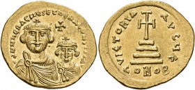 Heraclius, with Heraclius Constantine, 610-641. Solidus (Gold, 22 mm, 4.48 g, 7 h), Constantinopolis, circa 616-625. dd NN ҺЄRACLIЧS ЄT ҺЄRA CONST PP ...