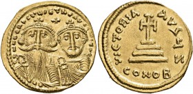 Heraclius, with Heraclius Constantine, 610-641. Solidus (Gold, 21 mm, 4.41 g, 6 h), Constantinopolis, 629-632. dd NN ҺЄRACLIUS ЄT ҺЄRA CONST PP AV Cro...