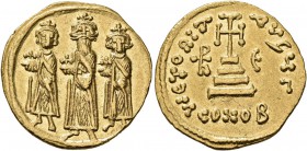 Heraclius, with Heraclius Constantine and Heraclonas, 610-641. Solidus (Gold, 20 mm, 4.43 g, 7 h), Constantinopolis, circa 639-641. Heraclonas, Heracl...