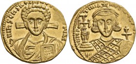 Justinian II, second reign, 705-711. Solidus (Gold, 20 mm, 4.38 g, 6 h), Constantinopolis, 705. d N IҺS ChS REX REGNANTIЧM Draped bust of Christ facin...