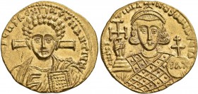 Justinian II, second reign, 705-711. Solidus (Gold, 20 mm, 4.43 g, 6 h), Constantinopolis, 705. d N IҺS ChS REX REGNANTIЧM Draped bust of Christ facin...