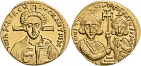 Justinian II, with Tiberius, second reign, 705-711. Solidus (Gold, 21 mm, 4.49 g, 6 h), Constantinopolis. d N IҺS ChS RЄX RЄGNANTIЧM Draped bust of Ch...