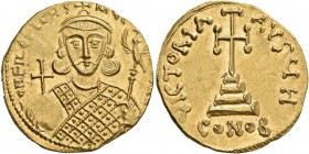 Philippicus (Bardanes), 711-713. Solidus (Gold, 20 mm, 4.39 g, 6 h), Constantinopolis. d N FILЄPICЧS MЧLTЧS AN Crowned bust of Philippicus facing, wea...