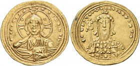 Constantine VIII, 1025-1028. Histamenon (Gold, 24 mm, 4.40 g, 7 h), Constantinopolis. +IҺS XIS REX REGNANTIҺm Bust of Christ Pantokrator facing, with ...