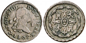 1802. Carlos IV. Segovia. 1 maravedí (AC. 23) Rayitas 1,32 g. BC+/MBC-.