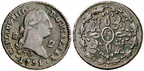 1791. Carlos IV. Segovia. 2 maravedís. (AC. 27) 2,50 g. MBC-.