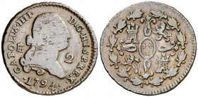 1794. Carlos IV. Segovia. 2 maravedís. (AC. 29). Hojitas. 2,45 g. BC/BC+.