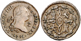 1796. Carlos IV. Segovia. 2 maravedís. (AC. 31). Buen ejemplar. 2,30 g. MBC/MBC+.
