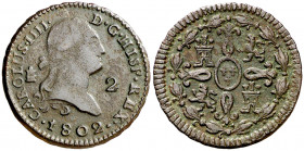 1802. Carlos IV. Segovia. 2 maravedís. (AC. 37). 2,28 g. BC+/MBC-.