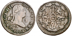 1803. Carlos IV. Segovia. 2 maravedís. (AC. 38). Rayitas. 2,10 g. MBC-.