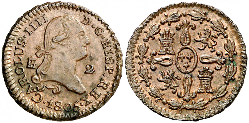 1805. Carlos IV. Segovia. 2 maravedís. (AC. 39). Bella. Escasa así. 2,71 g. EBC....