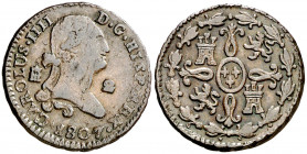 1807. Carlos IV. Segovia. 2 maravedís. (AC. 40). Hojitas. 2,91 g. (MBC-/MBC).