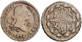 1808. Carlos IV. Segovia. 2 maravedís. (AC. 41). Rayitas. 2,41 g. BC+/MBC-.