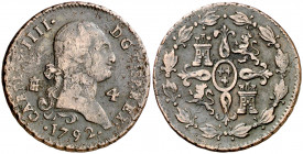 1792. Carlos IV. Segovia. 4 maravedís. (AC. 46). Golpecitos. 5,41 g. BC-/MBC-.