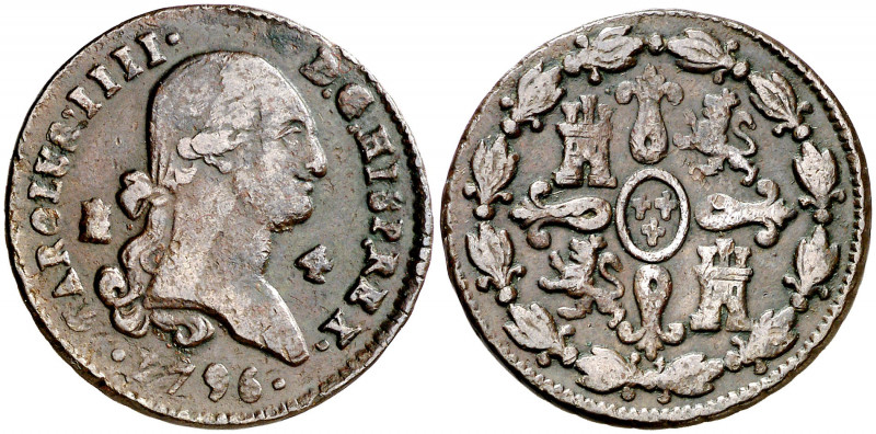 1796. Carlos IV. Segovia. 4 maravedís. (AC. 50). 5,78 g. MBC-.