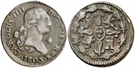 1803. Carlos IV. Segovia. 4 maravedís. (AC. 57). Rayitas. 4,78 g. MBC-.