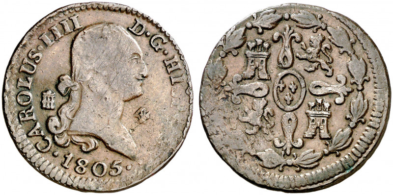 1805. Carlos IV. Segovia. 4 maravedís. (AC. 59). Rayitas y golpecito. 5,80 g. MB...