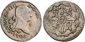 1805. Carlos IV. Segovia. 4 maravedís. (AC. 59). Rayitas y golpecito. 5,80 g. MBC-.