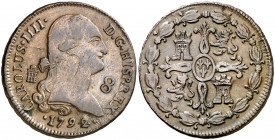 1792. Carlos IV. Segovia. 8 maravedís. (AC. 68). Rayitas. 11,50 g. MBC/MBC+.