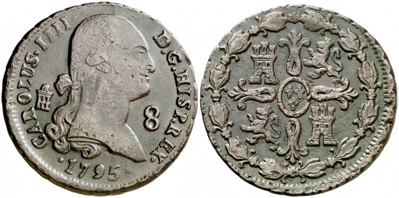 1795. Carlos IV. Segovia. 8 maravedís. (AC. 72). Rayitas. 11,90 g. BC+/MBC-.